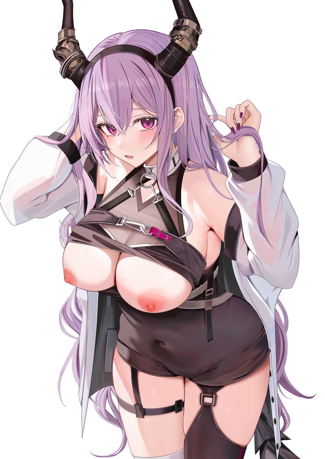 arknights horns nipples no_bra ru_zhai stockings thighhighs typhon_(arknights)