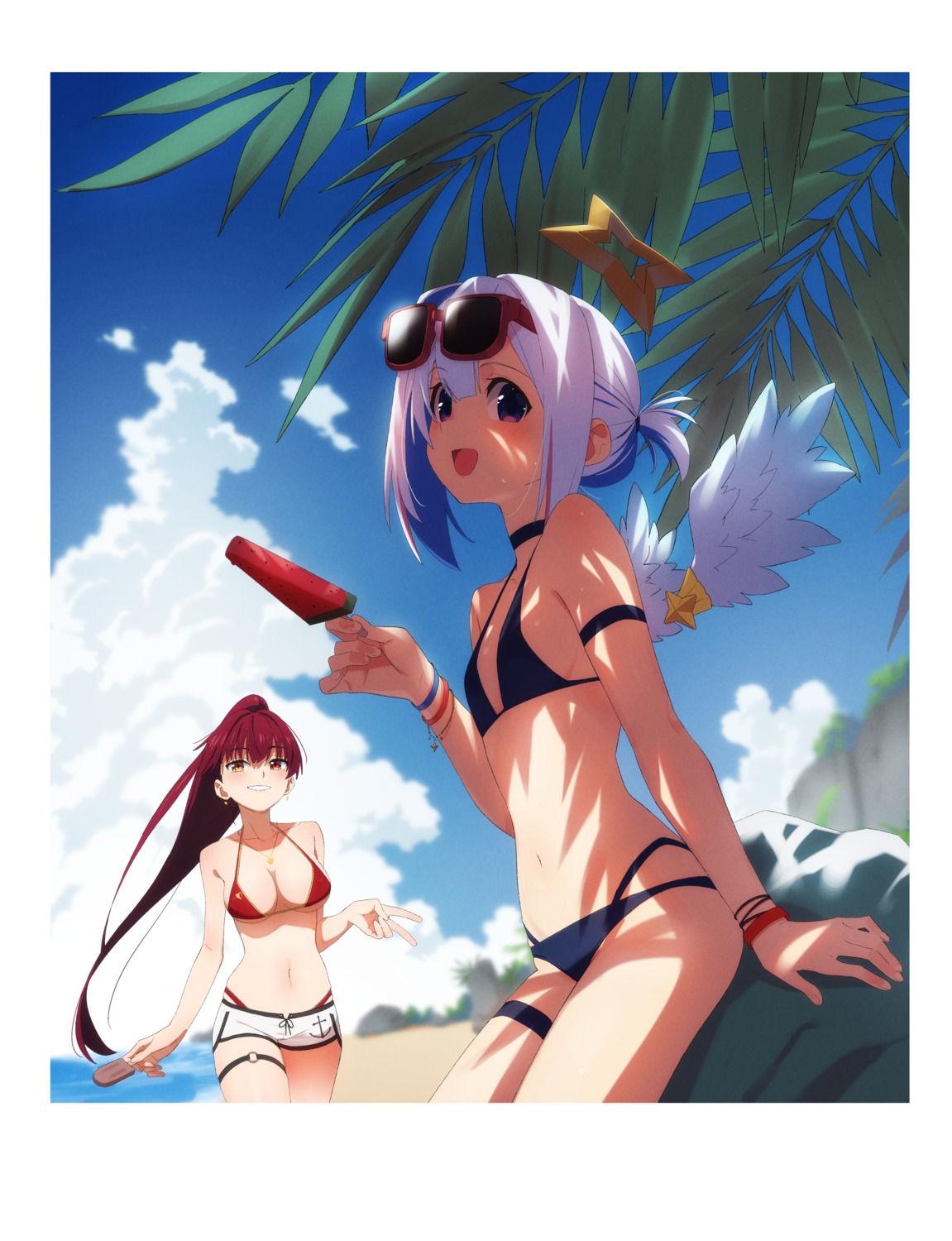 amane_kanata angel bikini garter gulim heterochromia hololive houshou_marine megane swimsuits wings