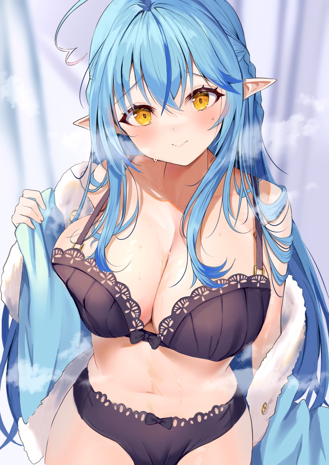 bra breast_hold elf hololive mugicho_(kdks5554) open_shirt pantsu pointy_ears undressing wet yukihana_lamy