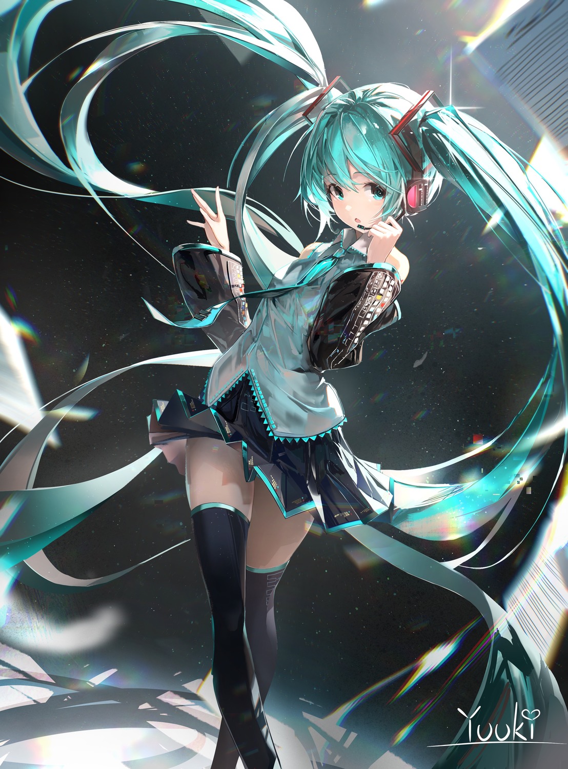 hatsune_miku headphones skirt_lift thighhighs vocaloid yuuki_(yuuki08435994)