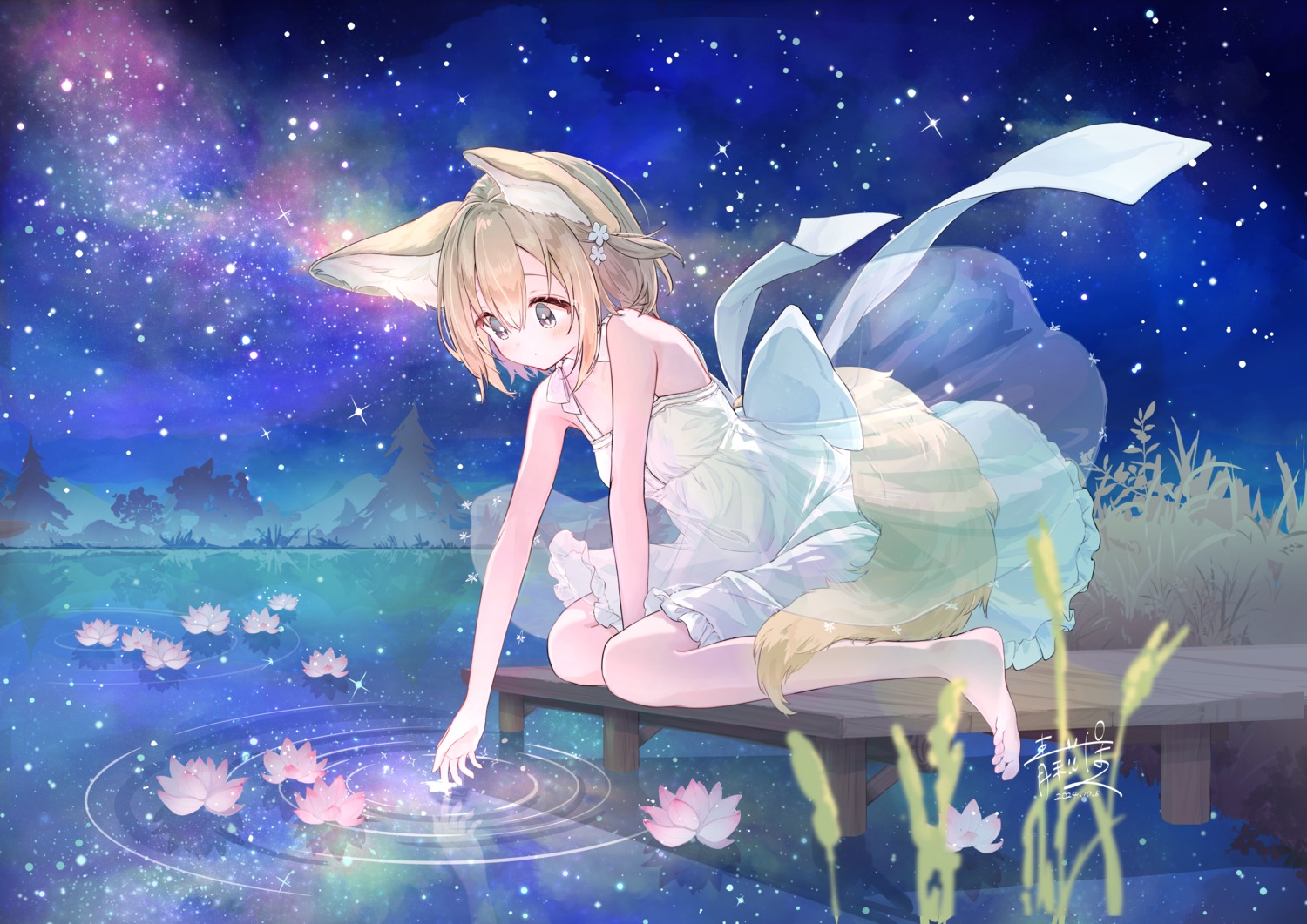 animal_ears dress pokunoe see_through summer_dress tail wet