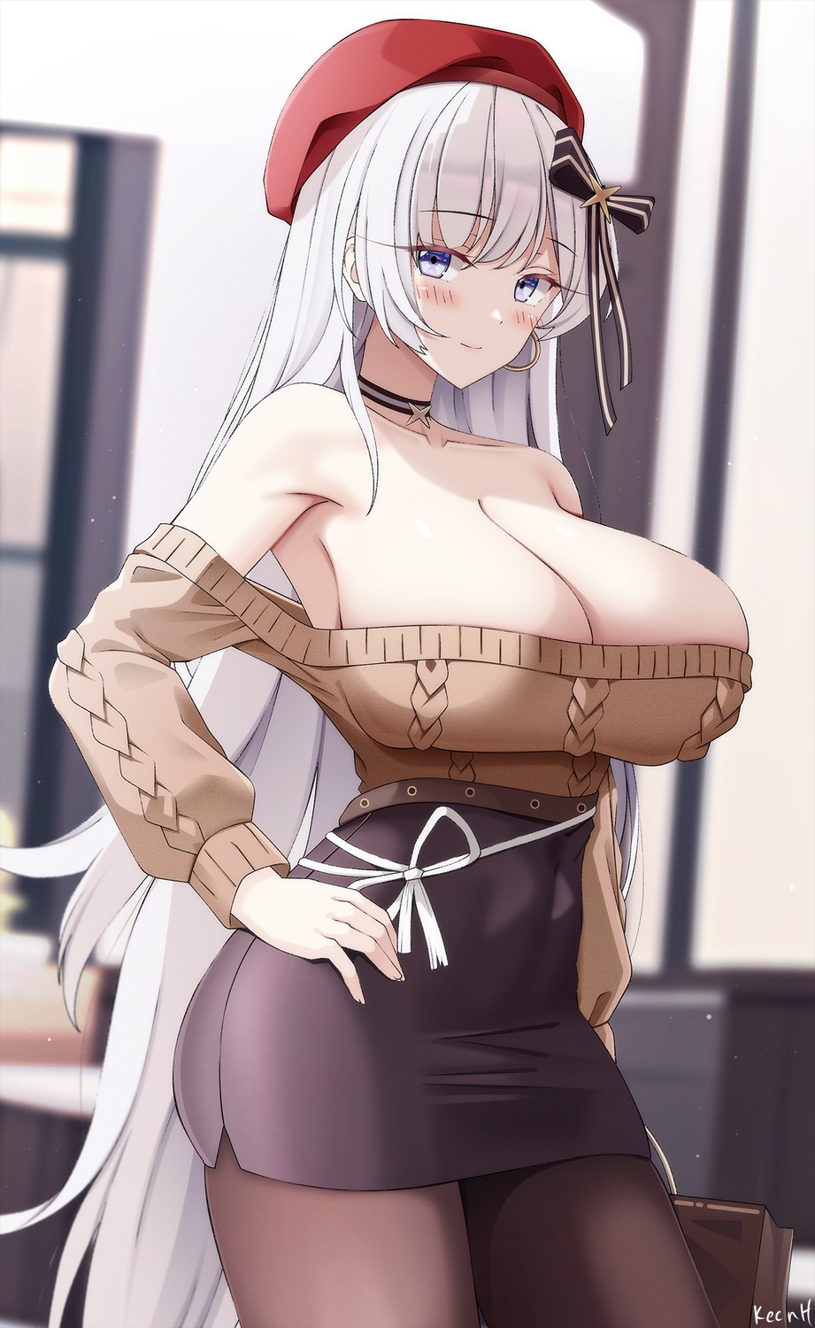 azur_lane belfast_(azur_lane) keenh no_bra pantyhose sweater