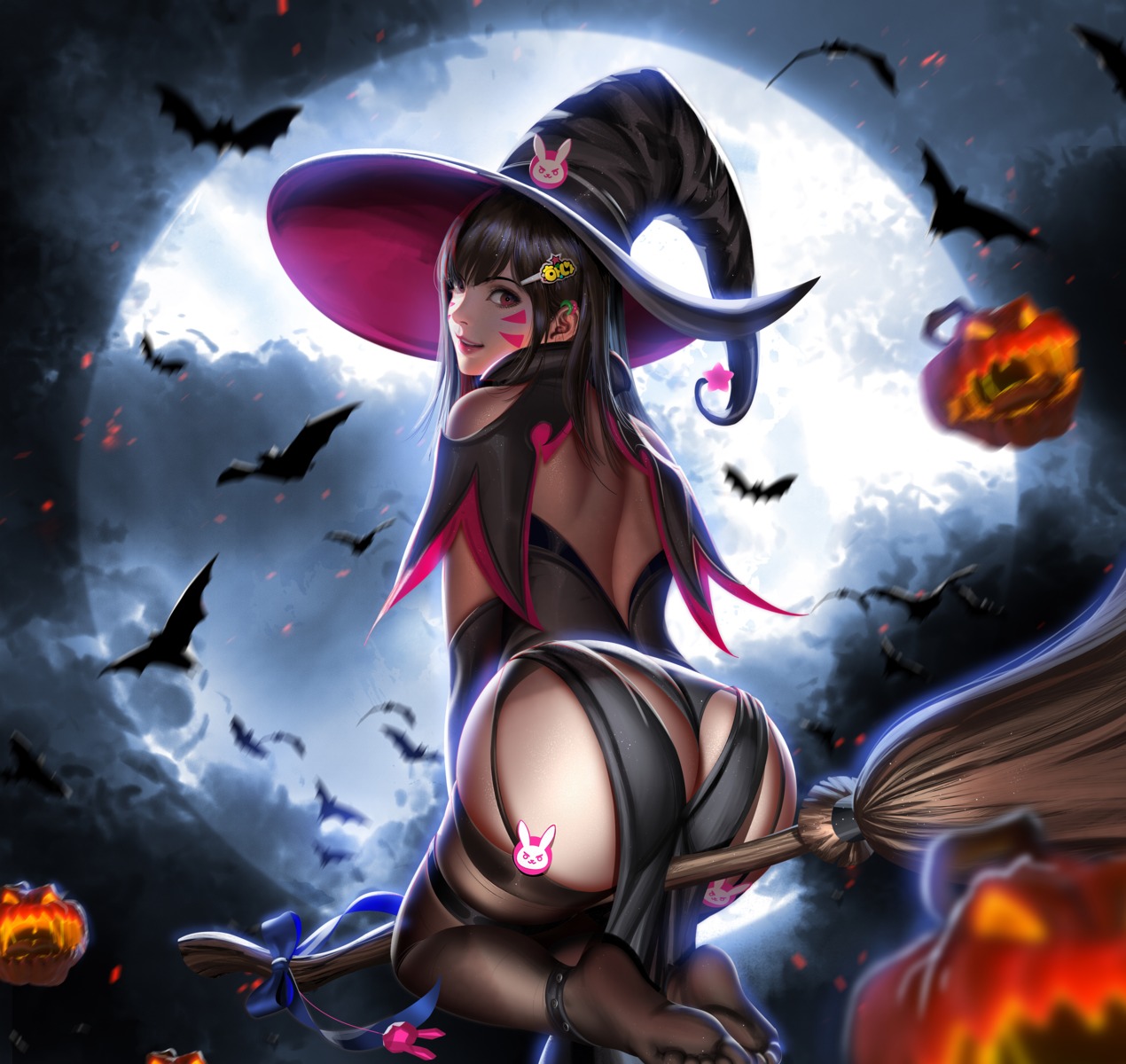 ass d.va garter halloween leotard liang_xing no_bra overwatch stockings thighhighs thong witch