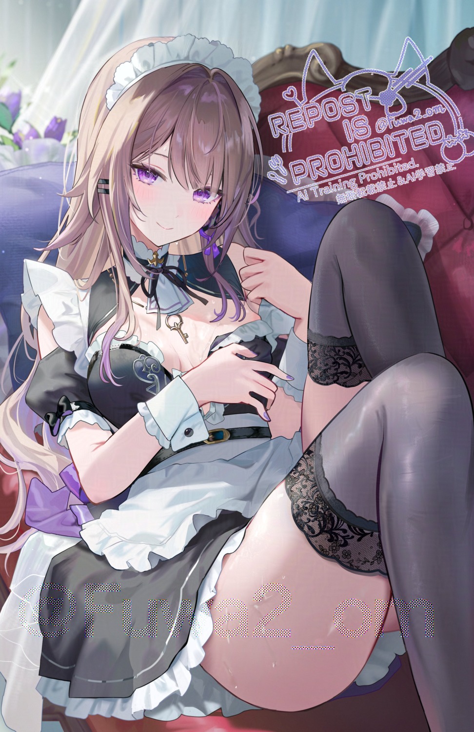 herta honkai:_star_rail maid no_bra official_watermark omelet_tomato open_shirt skirt_lift thighhighs wet