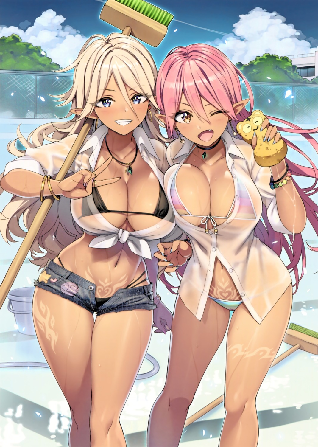 bikini dress_shirt pointy_ears see_through swimsuits takuji tattoo underboob wet