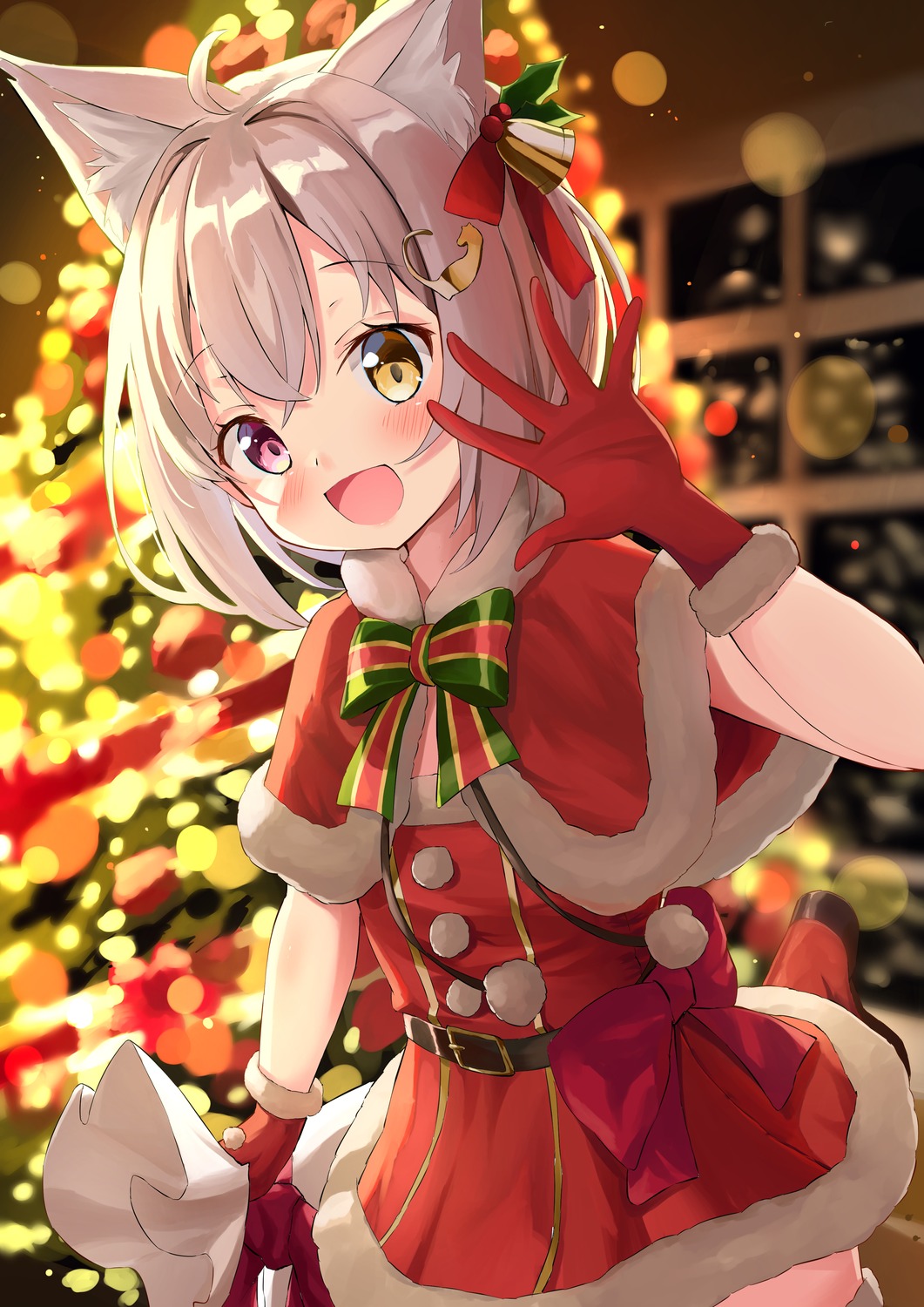 animal_ears christmas dress heterochromia maccya nekomimi thighhighs