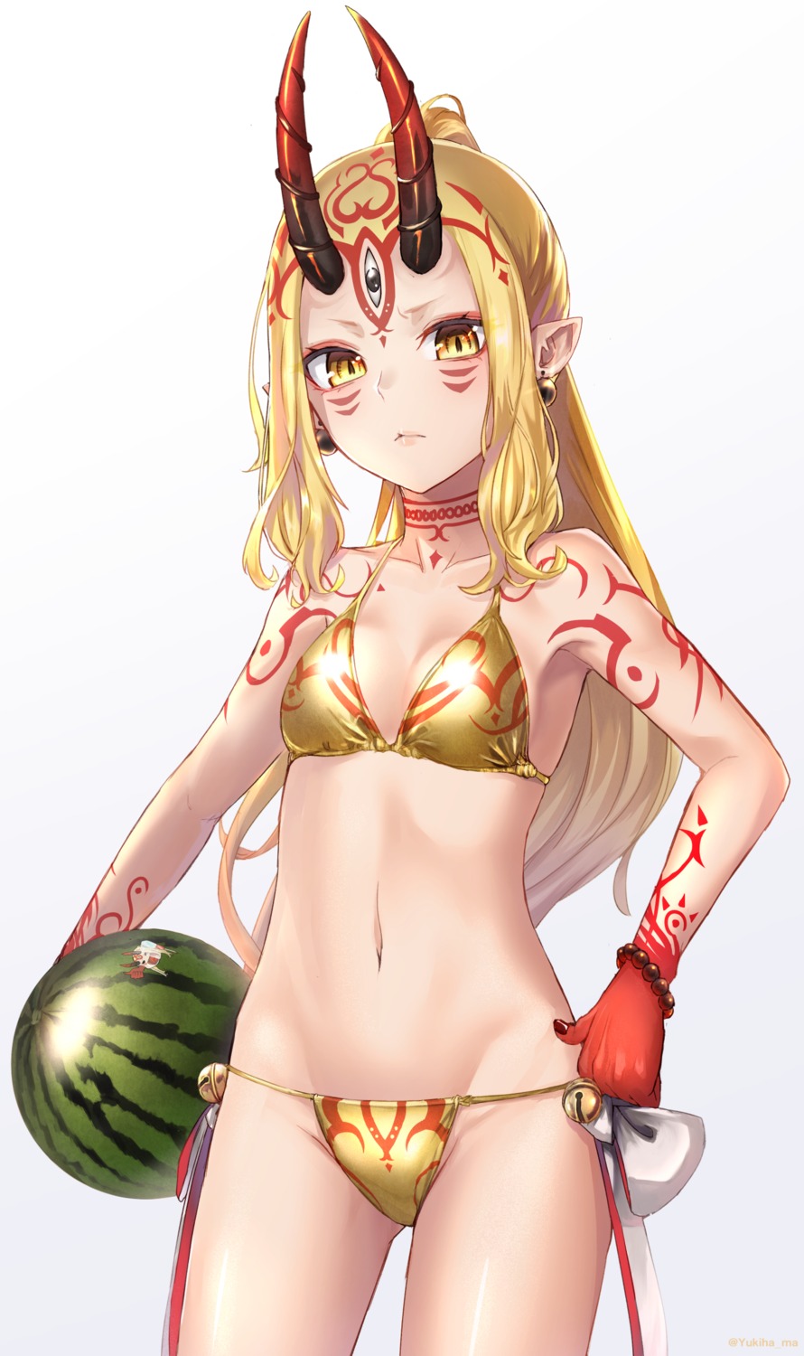 bikini cleavage fate/grand_order horns ibaraki_douji_(fate/grand_order) swimsuits tattoo yukihama