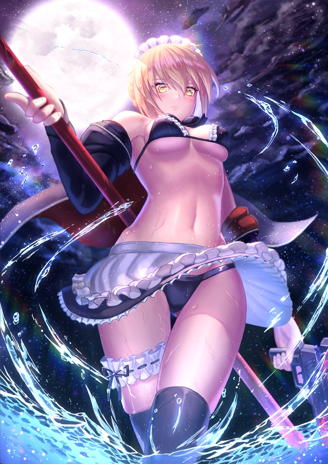 bikini fate/grand_order fate/stay_night garter maid open_shirt saber saber_alter skirt_lift suraimu_(suraimuraimu) swimsuits thighhighs underboob wet