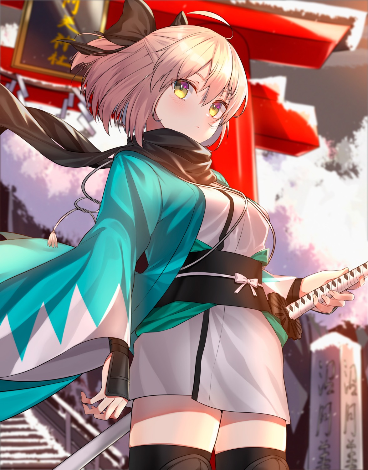 fate/grand_order japanese_clothes jun_(aousa0328) okita_souji_(fate) sword thighhighs