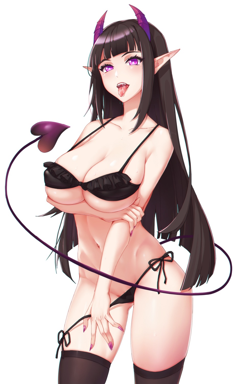 bikini breast_hold cleavage devil erect_nipples horns lis_zhu_long panty_pull pointy_ears swimsuits tail thighhighs underboob undressing