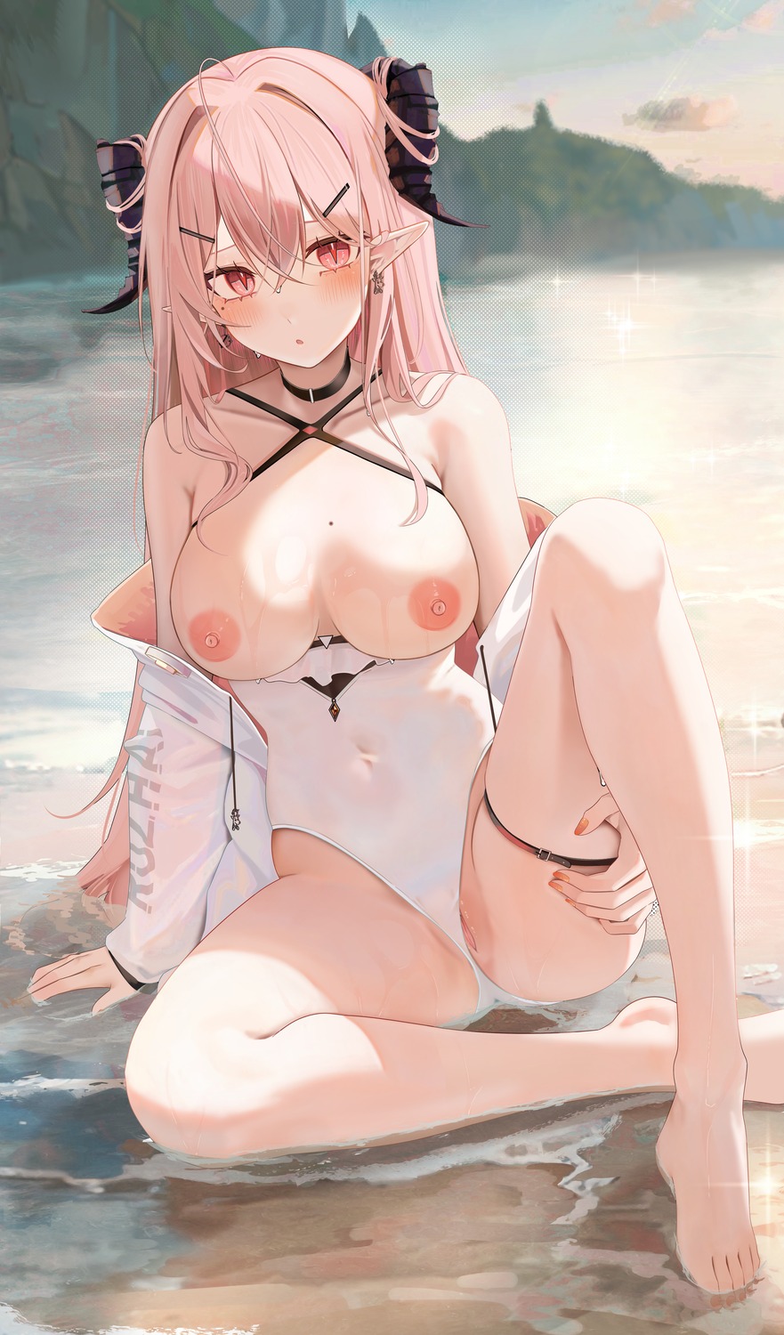 breasts garter horns nipples open_shirt pointy_ears pussy ru_zhai see_through swimsuits uncensored