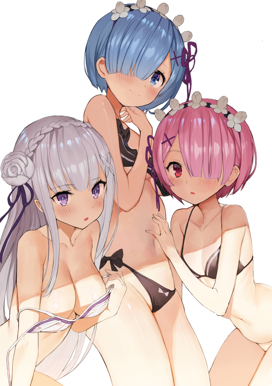 bikini breast_hold cleavage elf emilia_(re_zero) gaou_(matsulatte) pointy_ears ram_(re_zero) re_zero_kara_hajimeru_isekai_seikatsu rem_(re_zero) swimsuits underboob undressing