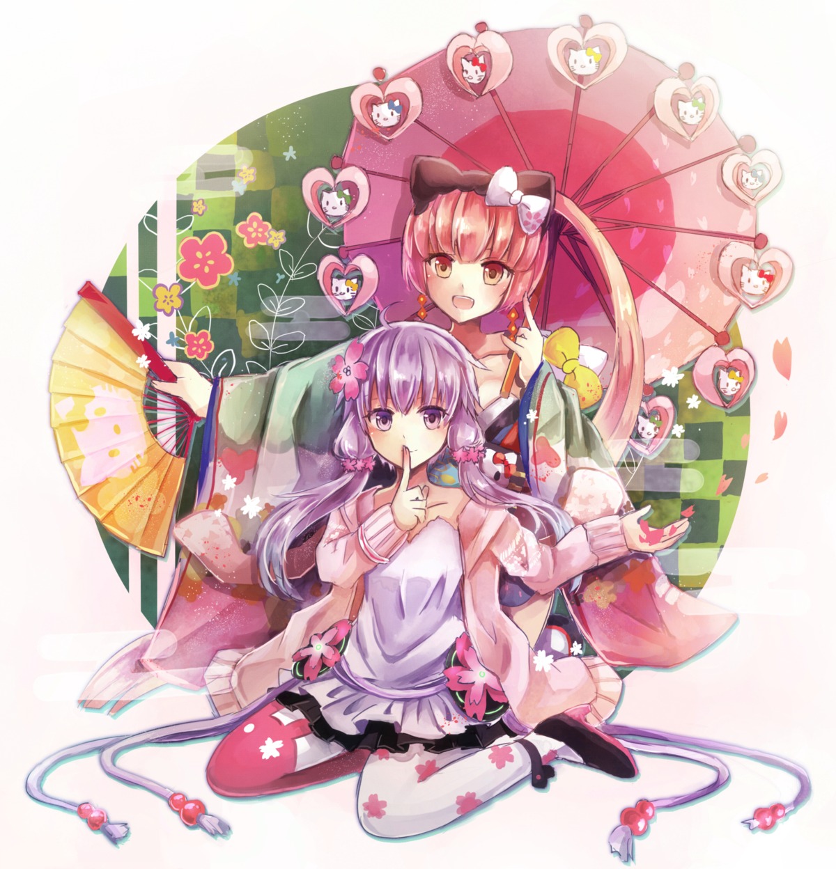 cleavage dress heels hello_kitty kimono nekomura_iroha pantyhose suisetsu_mizuna umbrella vocaloid yuzuki_yukari