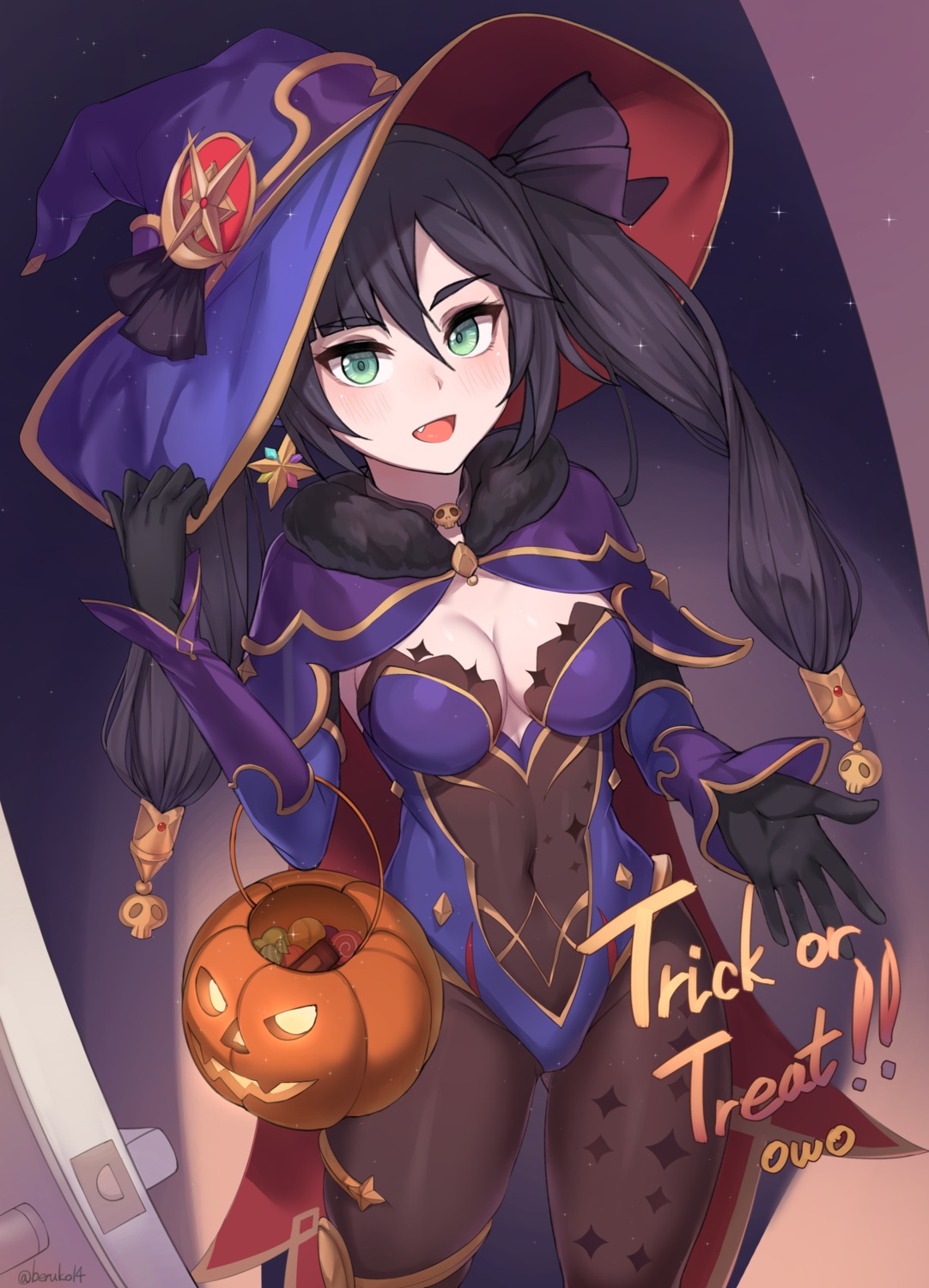 beruko_(rladustns50) cleavage garter genshin_impact halloween leotard mona_megistus pantyhose witch