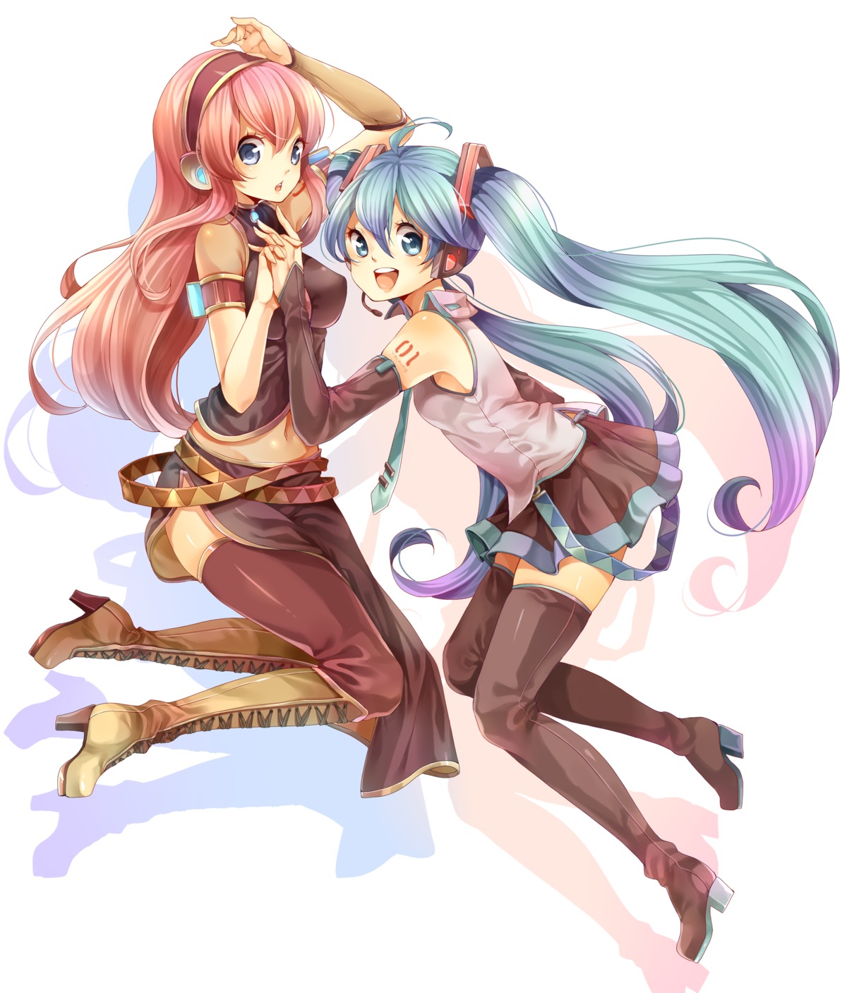 hatsune_miku headphones megurine_luka rojiko thighhighs vocaloid