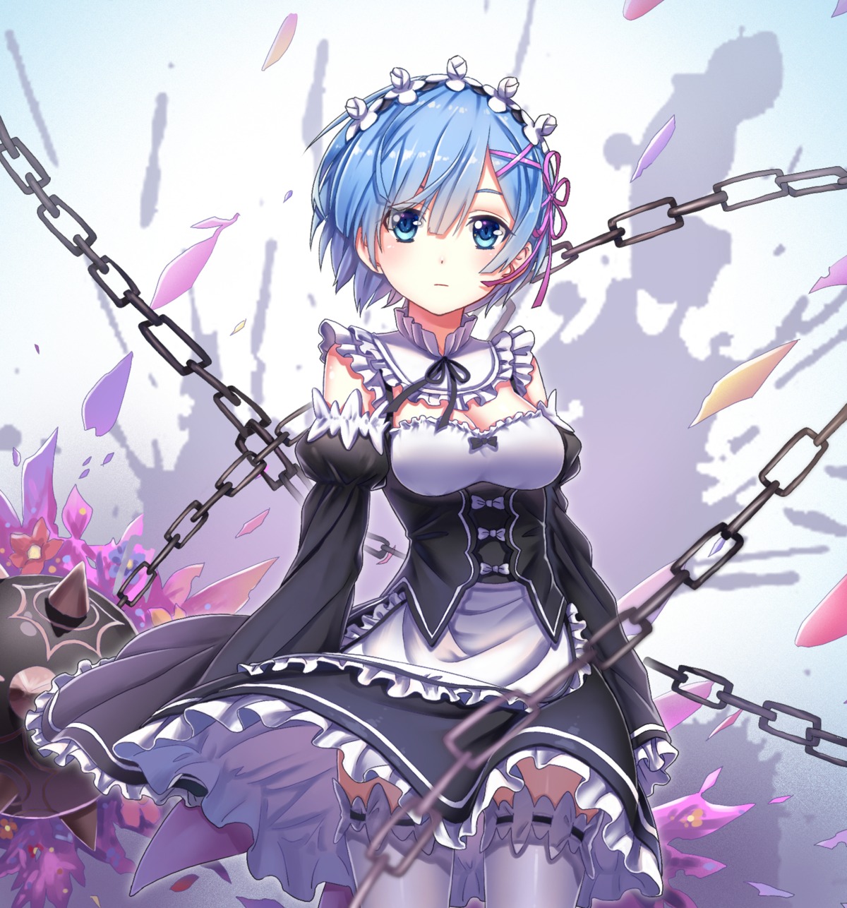 chunrijun_(springer) cleavage maid re_zero_kara_hajimeru_isekai_seikatsu rem_(re_zero) thighhighs weapon