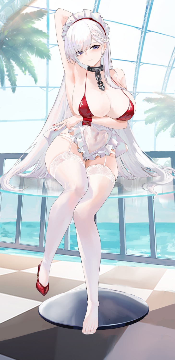 azur_lane belfast_(azur_lane) bikini heels maid see_through stockings suo_bu_ye_feng swimsuits thighhighs