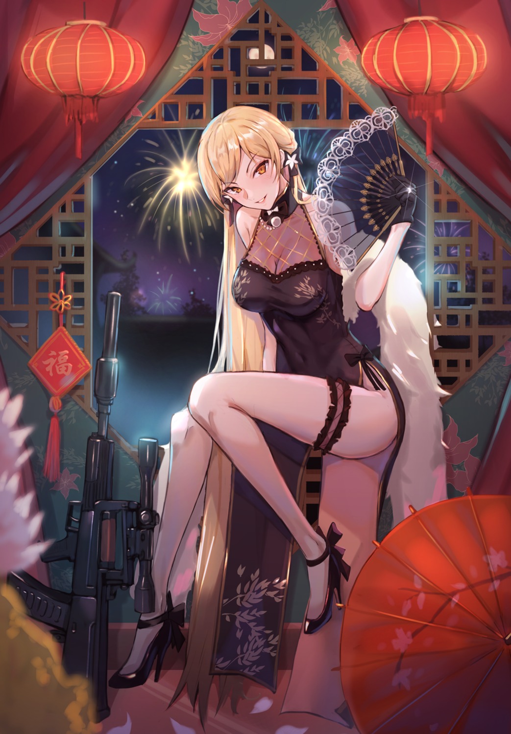 chinadress cleavage fishnets garter girls_frontline heels niac ots-14_(girls_frontline) umbrella