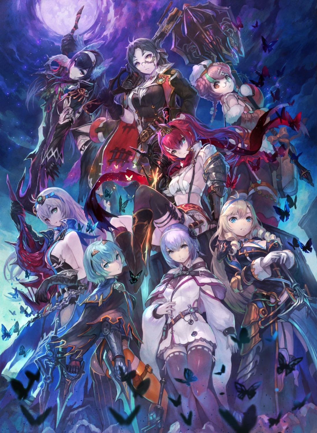 alushe_anatoria armor arnice_(yoru_no_nai_kuni) bra camilla_arukado cleavage eleanor_ernesto gun gust_(company) heels heterochromia liliana_selphin megane muveil_folin_ru ruhenheid_ariarod sword thighhighs veruschka yoru_no_nai_kuni yoru_no_nai_kuni_2 yoshiku