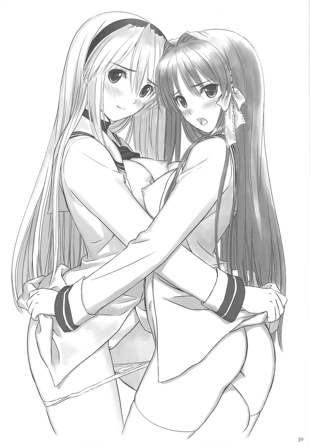 ass bottomless breasts clannad fujibayashi_kyou monochrome nipples open_shirt panty_pull sakagami_tomoyo seifuku shirt_lift symmetrical_docking tony_taka yuri