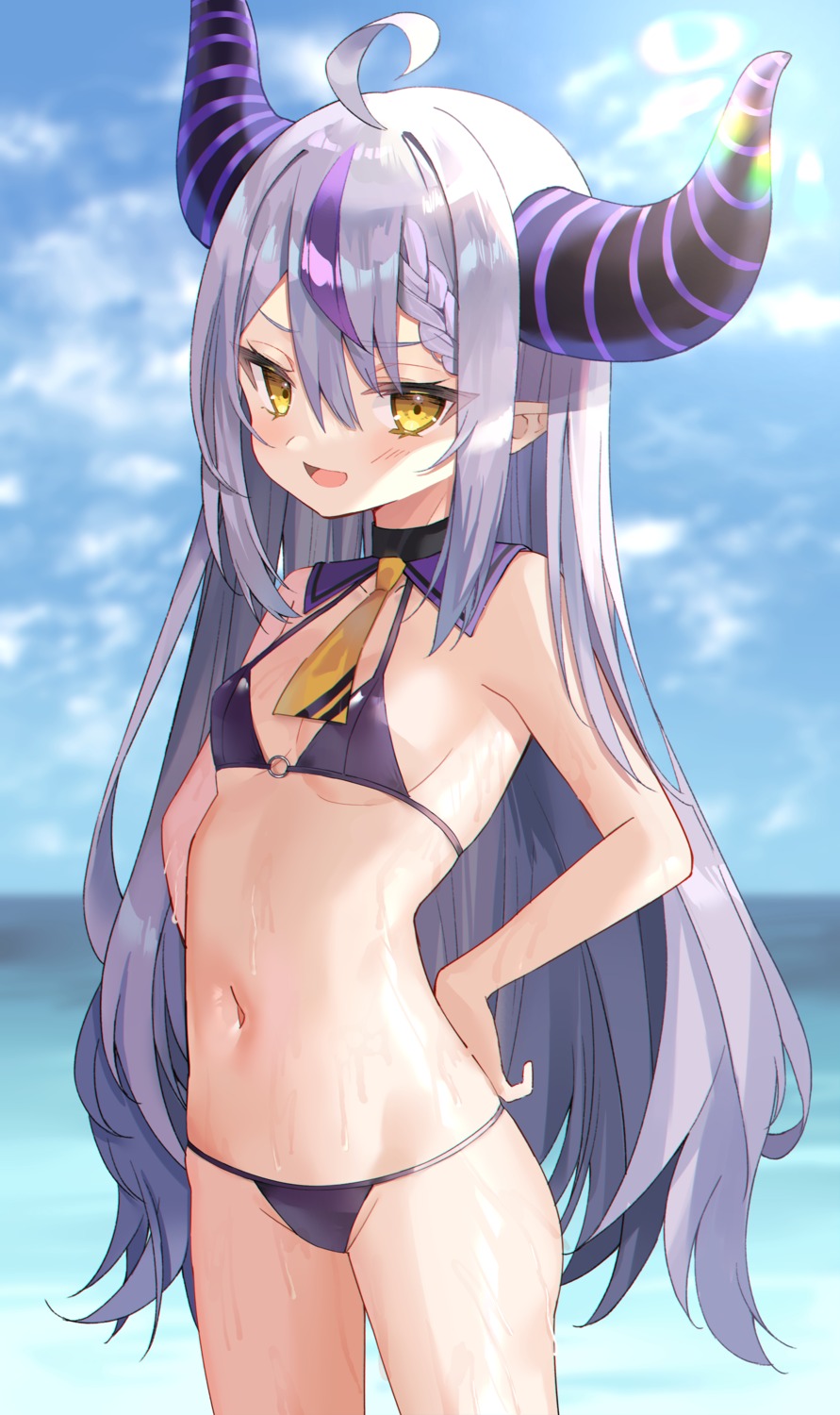 bikini hololive horns la+_darknesss loli pointy_ears sinobi_illust swimsuits wet