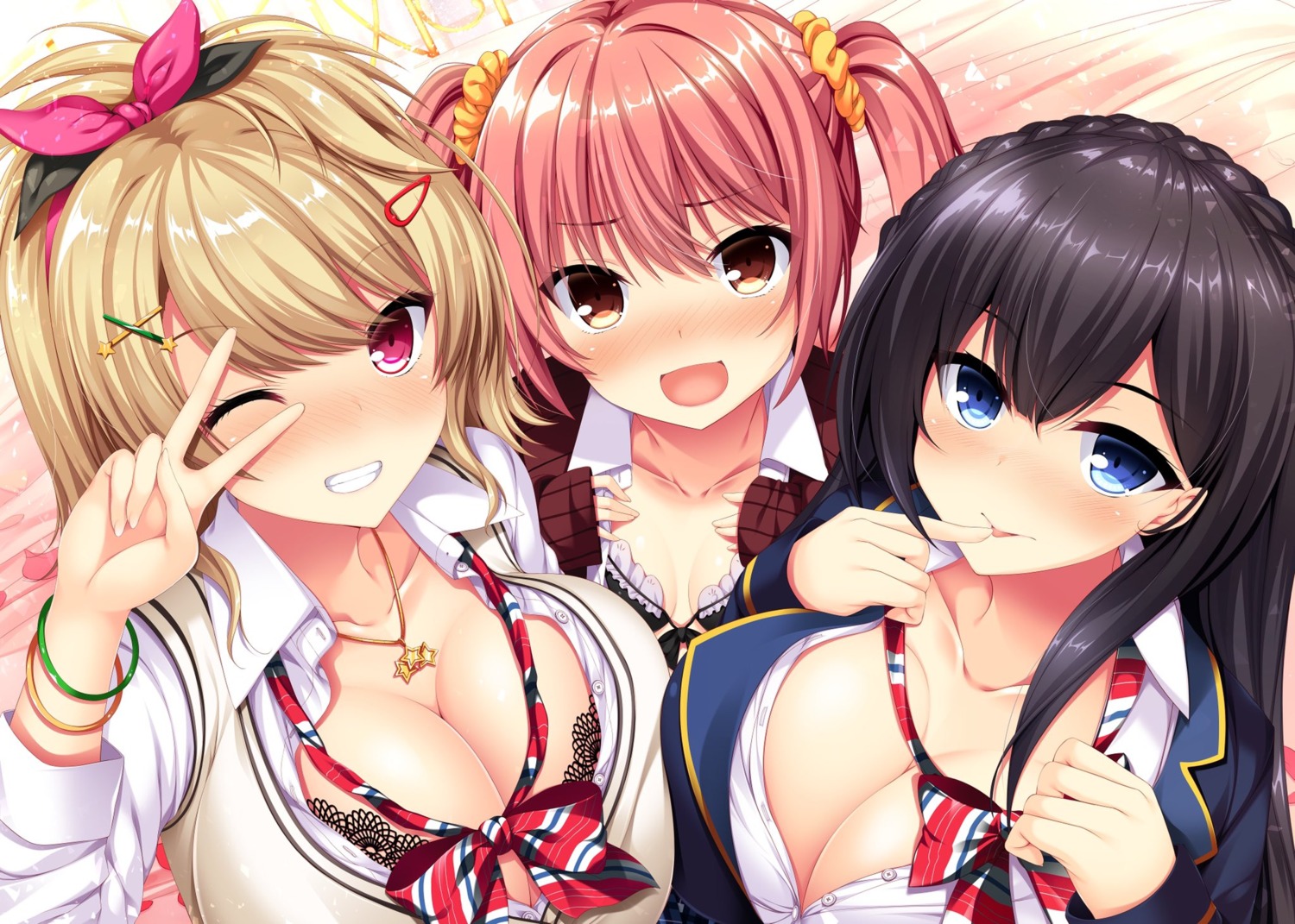 bra cleavage dodomayo jitaku_studio netarou ootori_chikage open_shirt real_eroge_situation!_2 rindou_nao seifuku sweater taiki_ken tokitou_rino