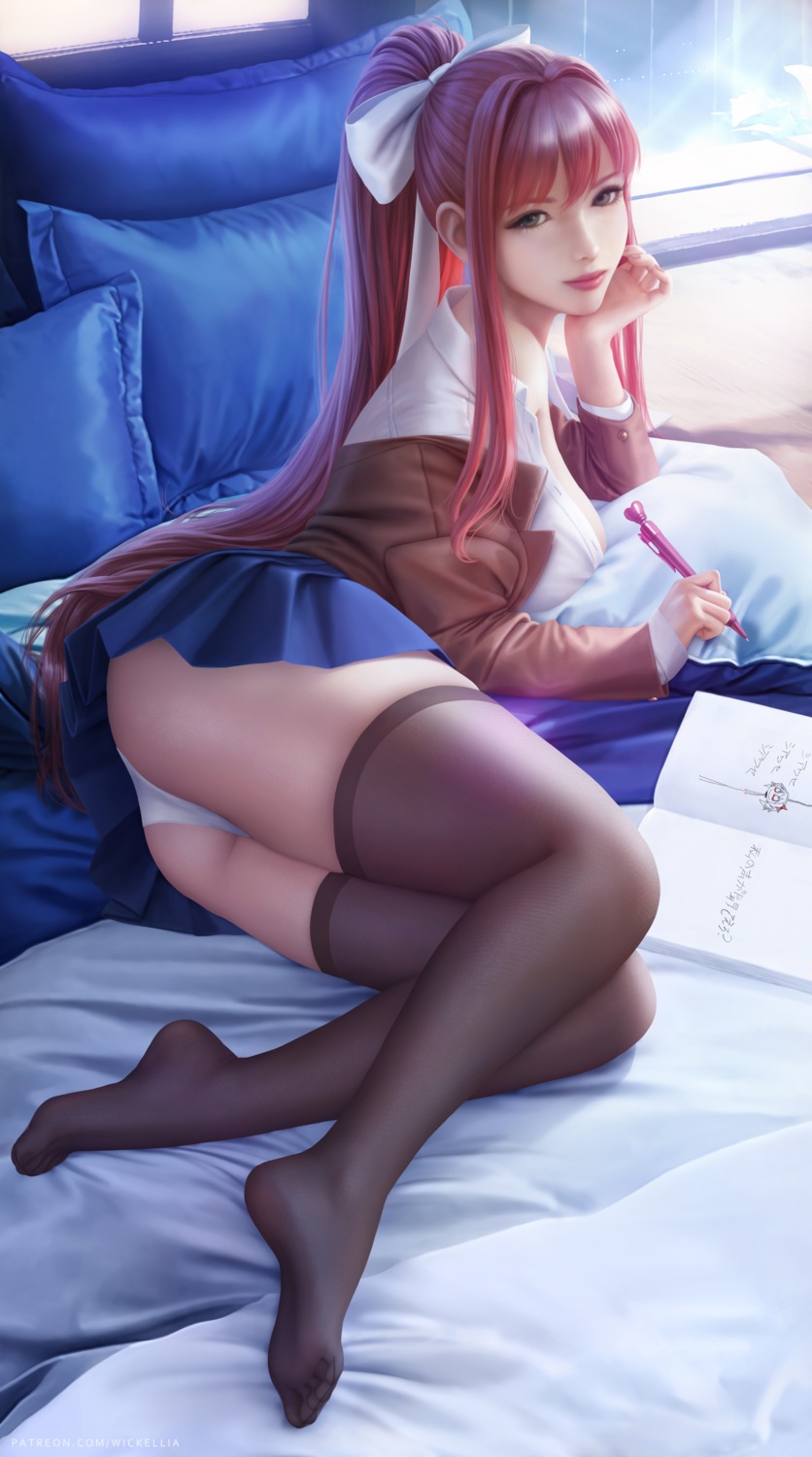 doki_doki_literature_club! feet monika_(doki_doki_literature_club!) pantsu seifuku skirt_lift thighhighs wickellia