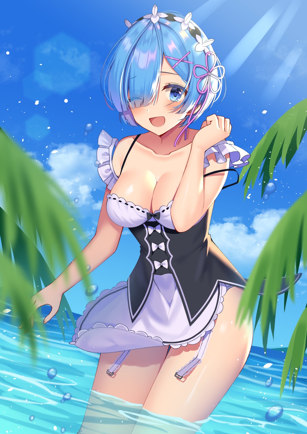 cleavage izumo_neru maid re_zero_kara_hajimeru_isekai_seikatsu rem_(re_zero) skirt_lift wet