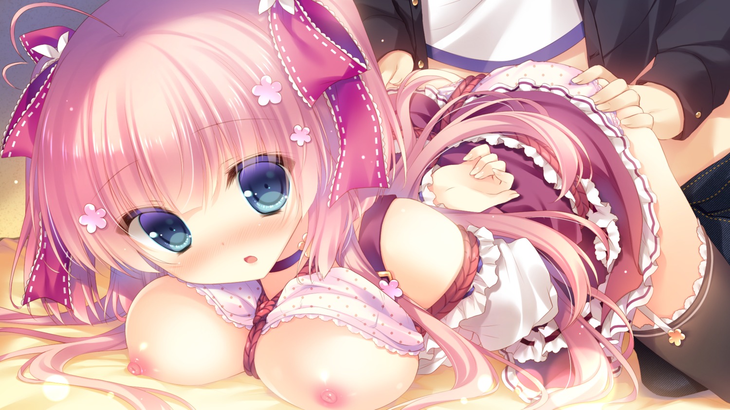 ass_grab bondage bra breasts cabbit dress game_cg hakoniwa_logic iriya_koko nipples open_shirt pantsu stockings thighhighs yukie