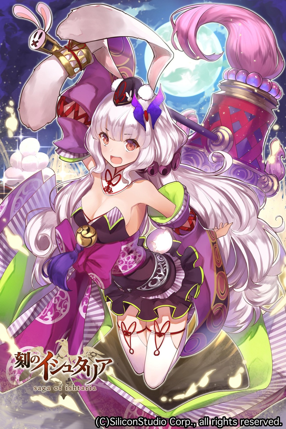 animal_ears bunny_ears cleavage japanese_clothes koku_no_ishtaria no_bra tail thighhighs weapon yaman