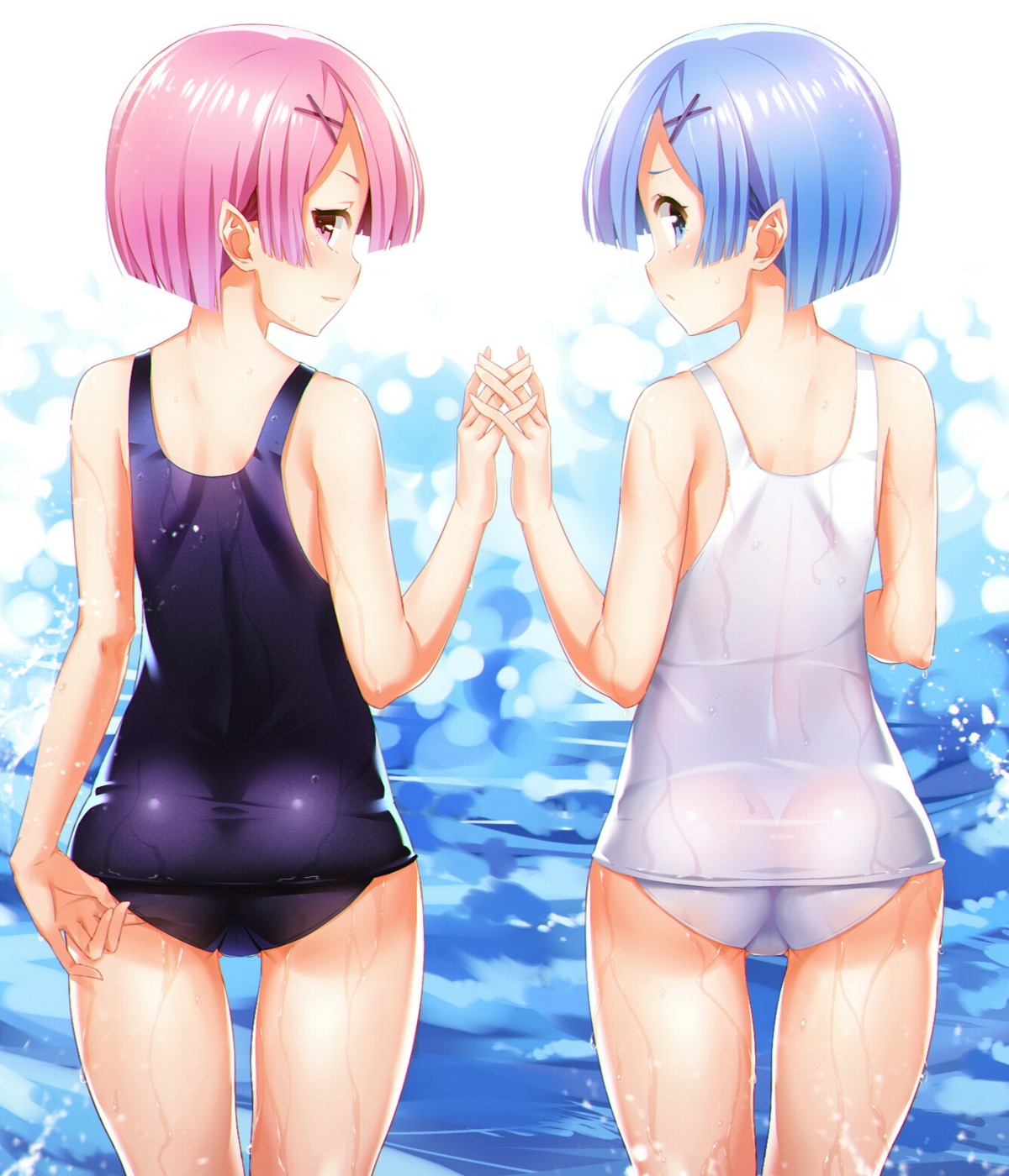 ass ram_(re_zero) re_zero_kara_hajimeru_isekai_seikatsu rem_(re_zero) ring_(1079882045) school_swimsuit swimsuits wet