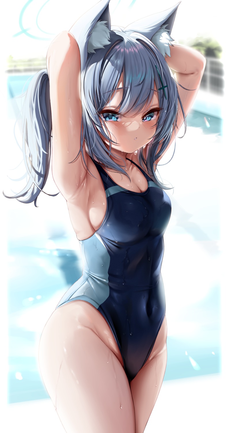 animal_ears blue_archive halo kokuto_(kurousagi1210) nekomimi sunaookami_shiroko swimsuits wet