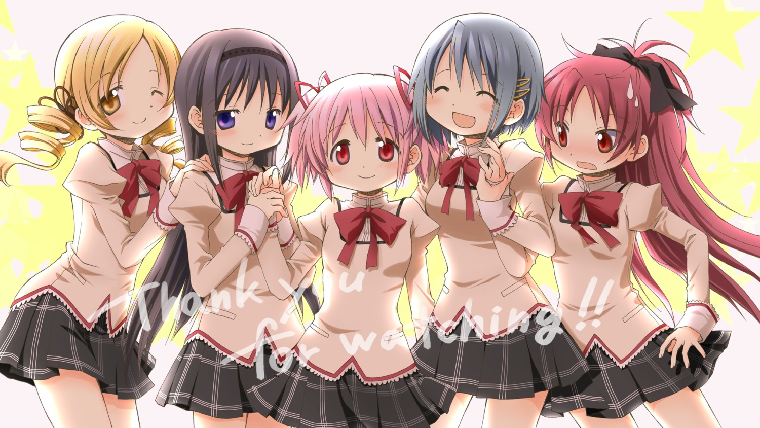 akemi_homura aoki_ume endcard kaname_madoka mahou_shoujo_madoka_magica miki_sayaka sakura_kyouko seifuku tomoe_mami wallpaper