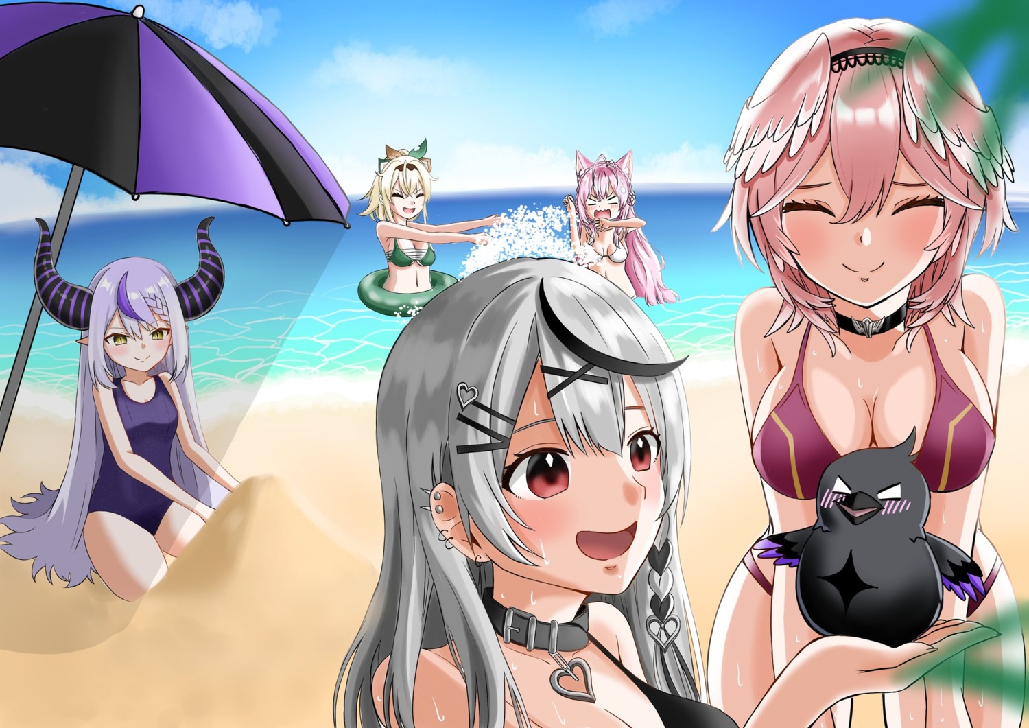 animal_ears bikini bikini_top cleavage crow_(la+_darknesss) devil hakui_koyori hololive horns jun_040_jun kazama_iroha la+_darknesss pointy_ears sakamata_chloe school_swimsuit swimsuits takane_lui wet wings