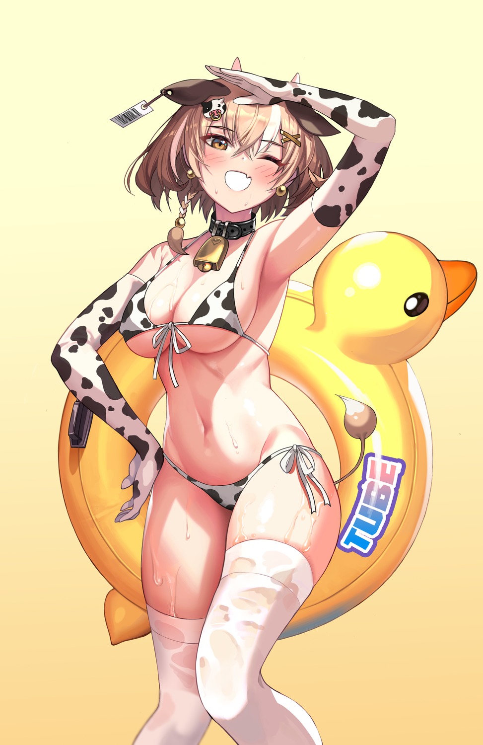 2v_(joyeong) animal_ears bikini horns swimsuits tail thighhighs wet wet_clothes