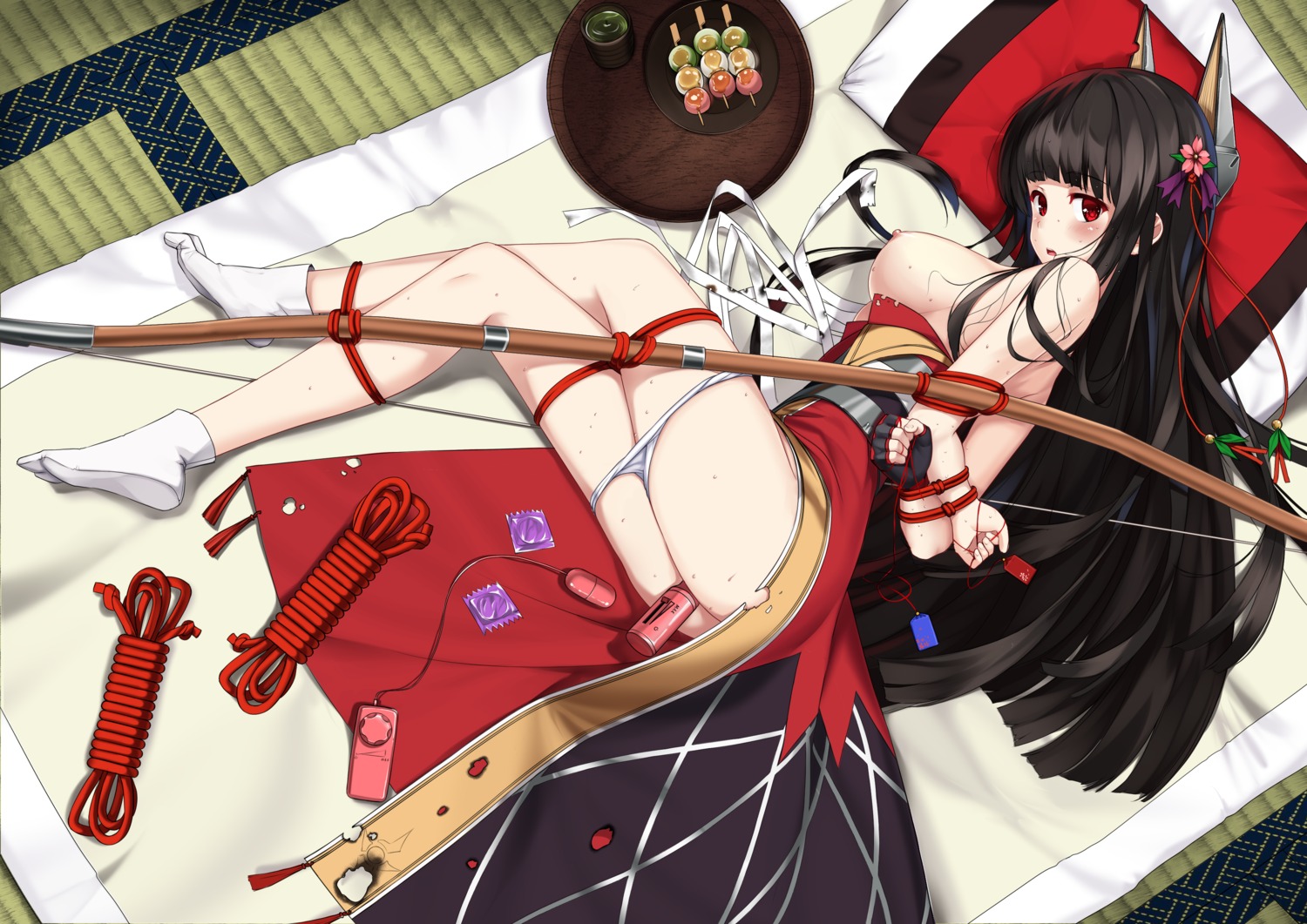 akagi_(zhanjianshaonv) animal_ears ass bondage breasts japanese_clothes mr_blackcat nipples no_bra pantsu panty_pull skirt_lift torn_clothes vibrator weapon zhanjianshaonv