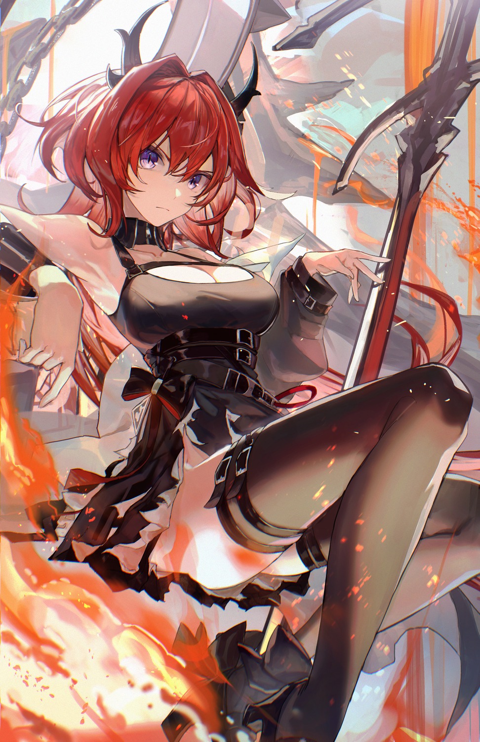 arknights garter heels horns karasuro no_bra nopan skirt_lift surtr_(arknights) sword thighhighs