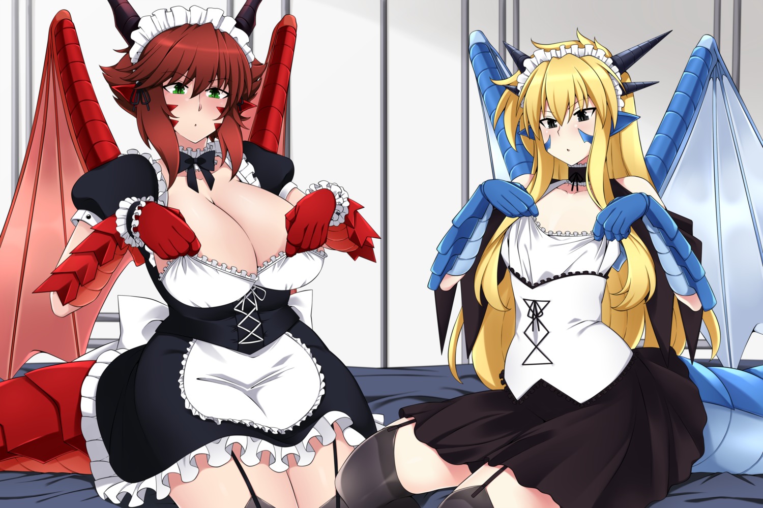 cleavage destroyer_(lindaroze) follower_(lindaroze) horns lindaroze maid monster_girl no_bra pointy_ears stockings tail thighhighs wings