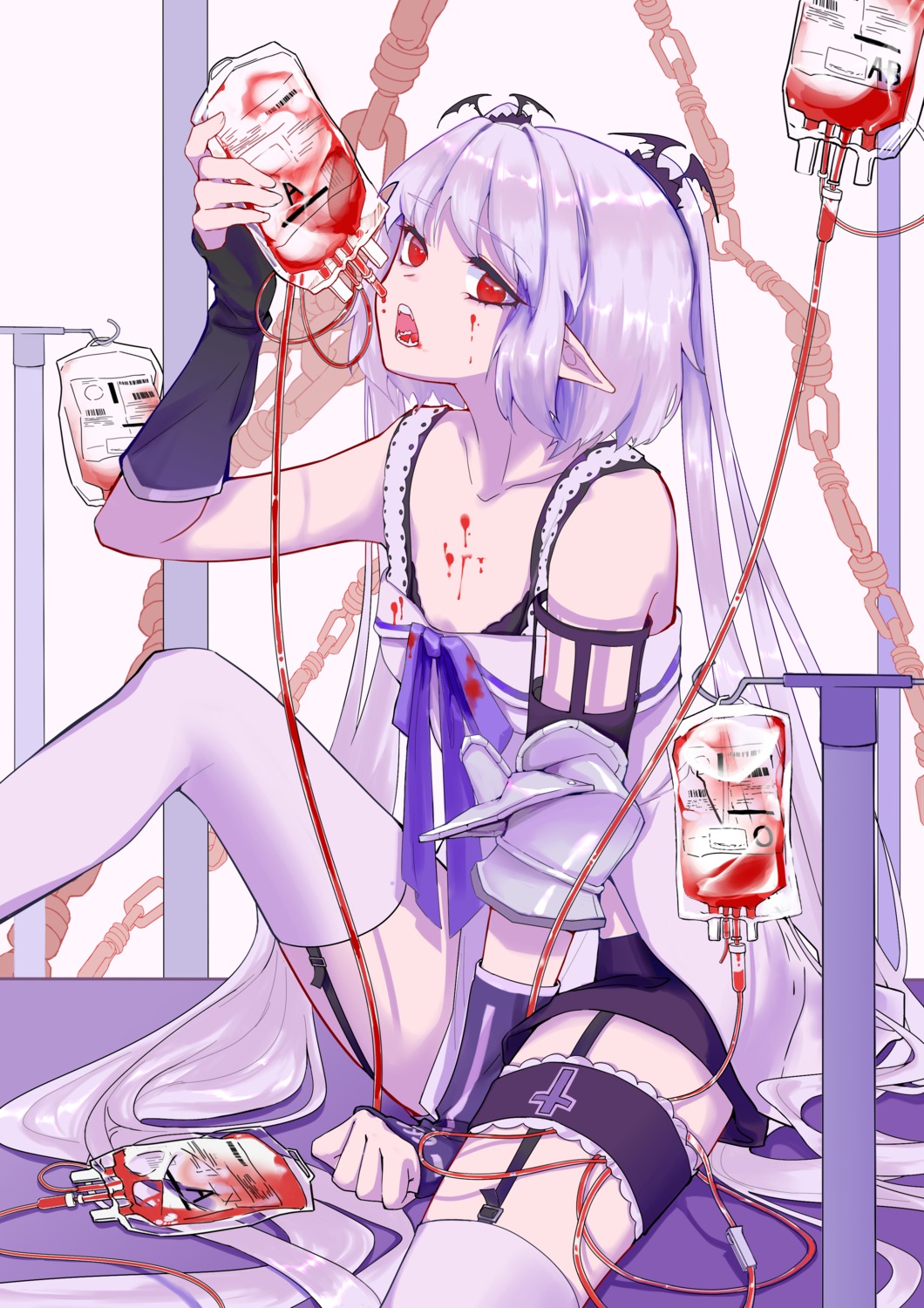 blood bra garter hydroxyketone pointy_ears stockings thighhighs