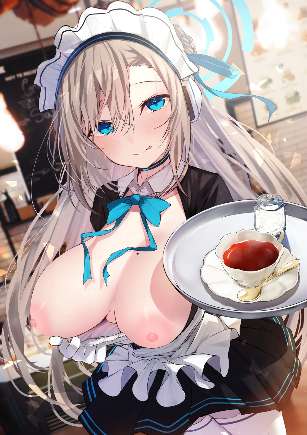 blue_archive breasts halo ichinose_asuna maid nidaime nipples no_bra thighhighs undressing