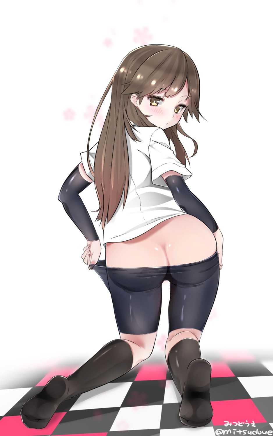 arashio_(kancolle) ass bike_shorts kantai_collection mitsudoue nopan see_through undressing