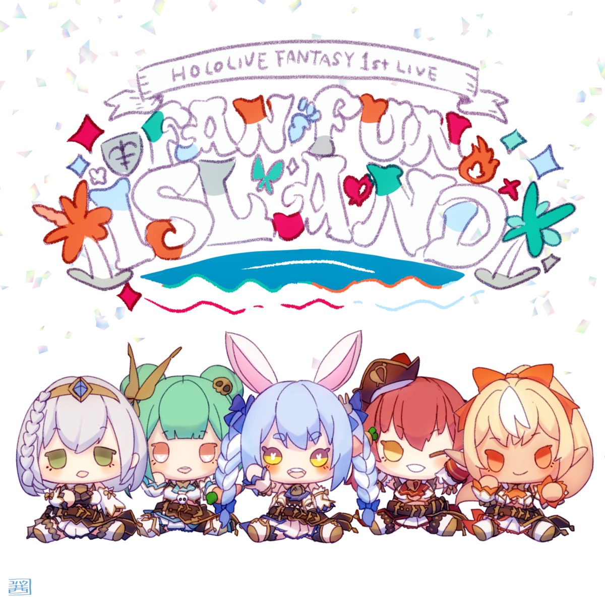 animal_ears bunny_ears chibi elf hololive houshou_marine kohaku_akaneko pointy_ears shiranui_flare shirogane_noel thighhighs uniform uruha_rushia usada_pekora