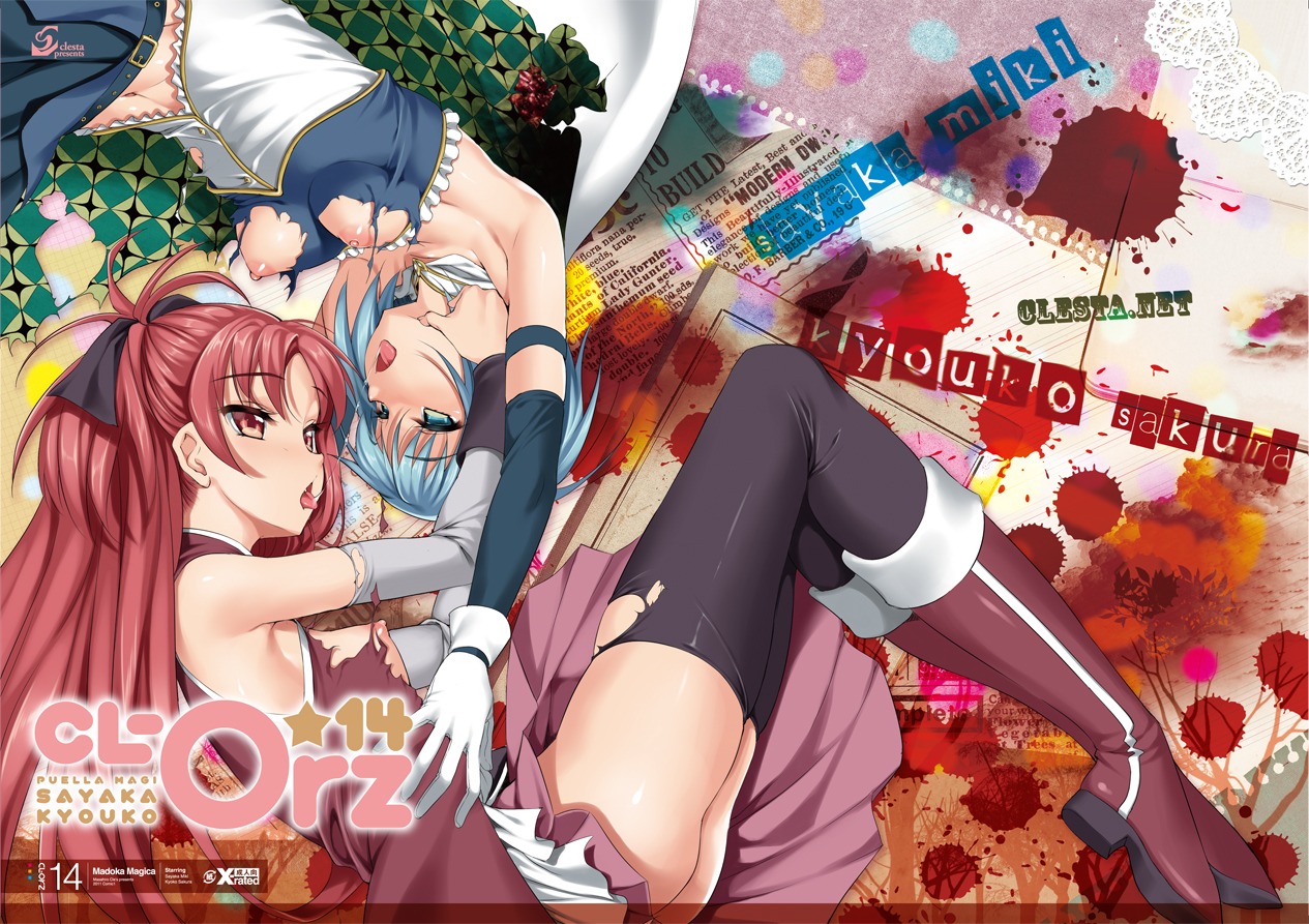 breasts cle_masahiro mahou_shoujo_madoka_magica miki_sayaka nipples sakura_kyouko thighhighs torn_clothes