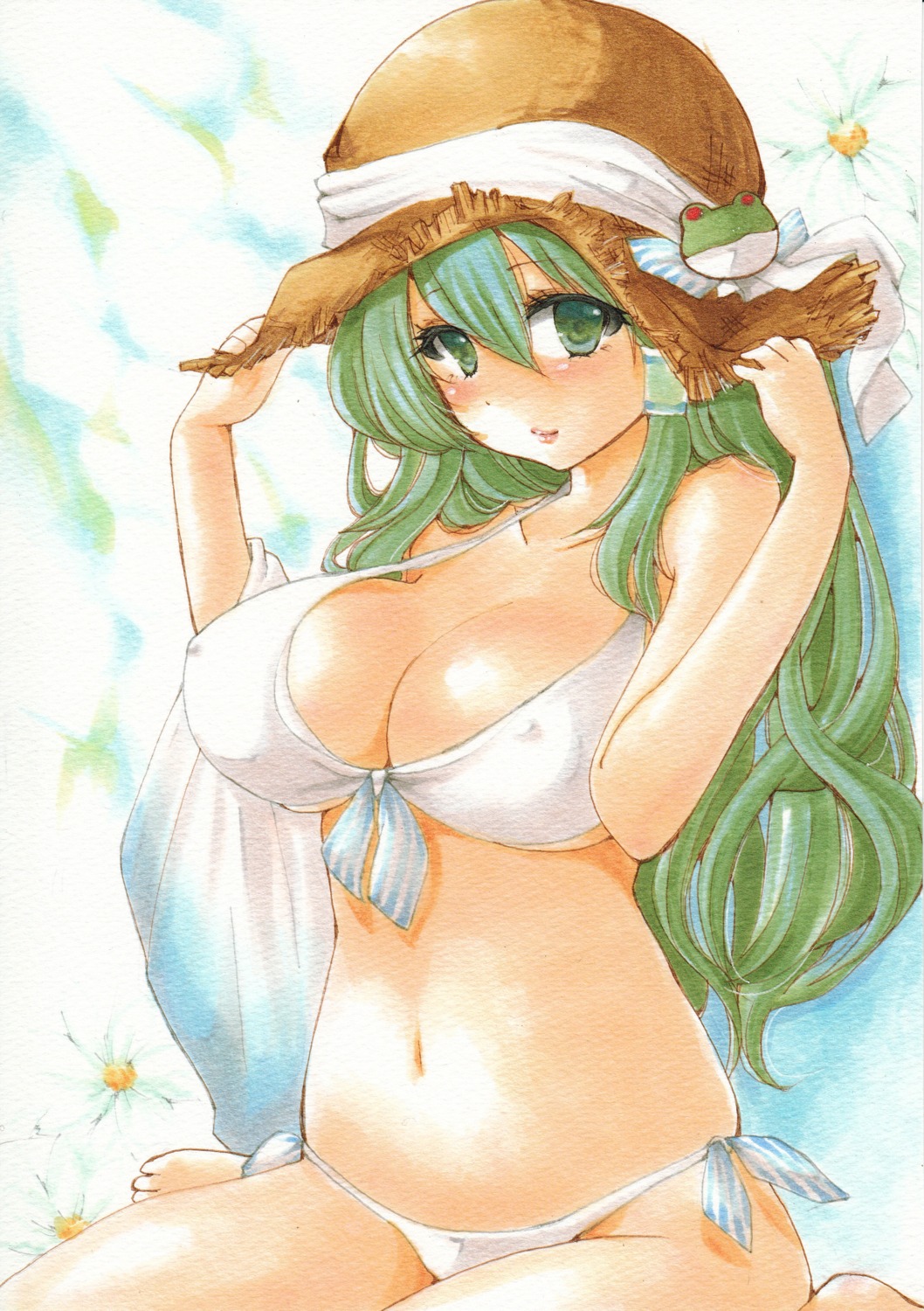 bikini cleavage erect_nipples kochiya_sanae paper_texture swimsuits touhou underboob yurun