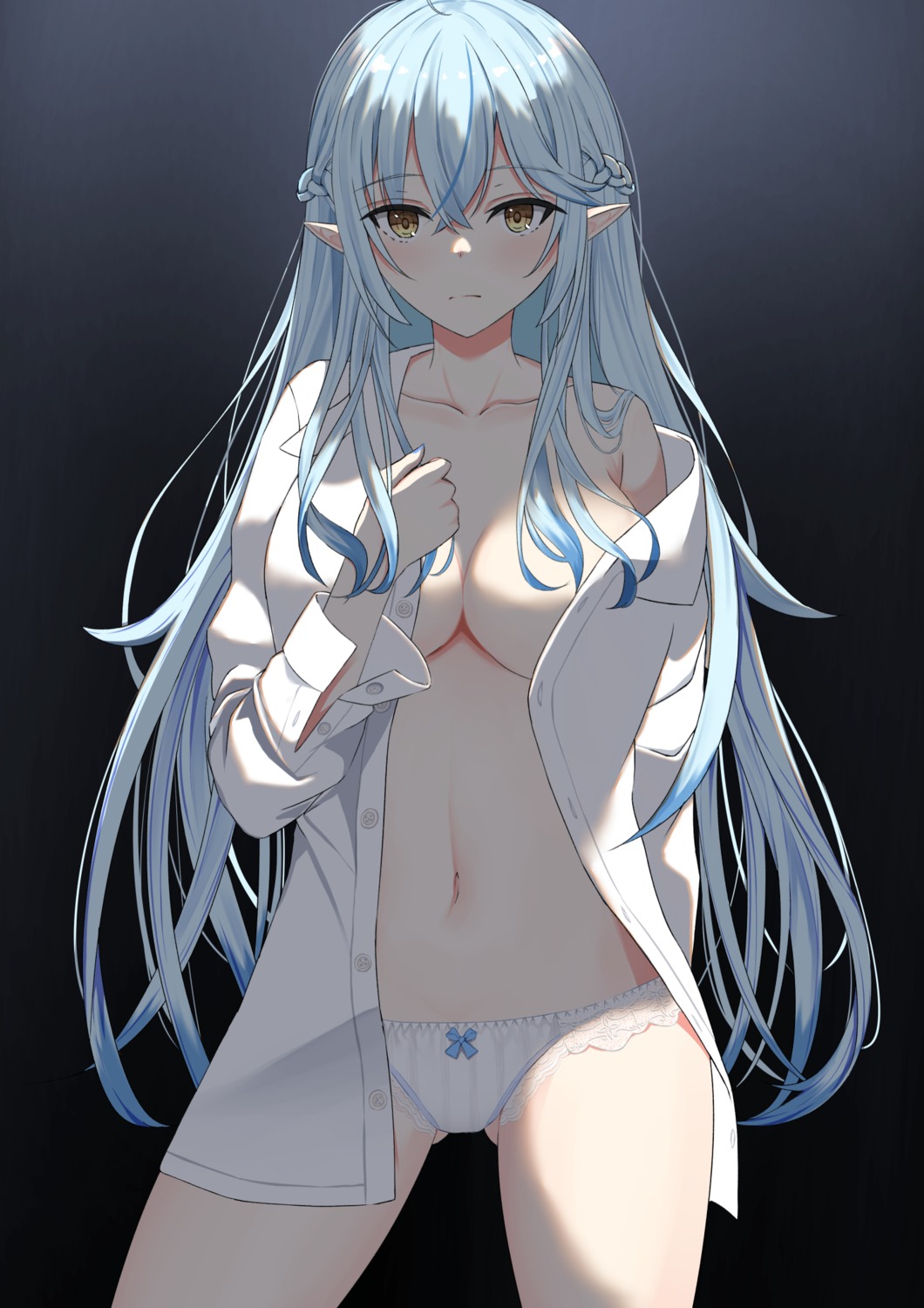 dress_shirt elf hololive no_bra nolt open_shirt pantsu pointy_ears yukihana_lamy