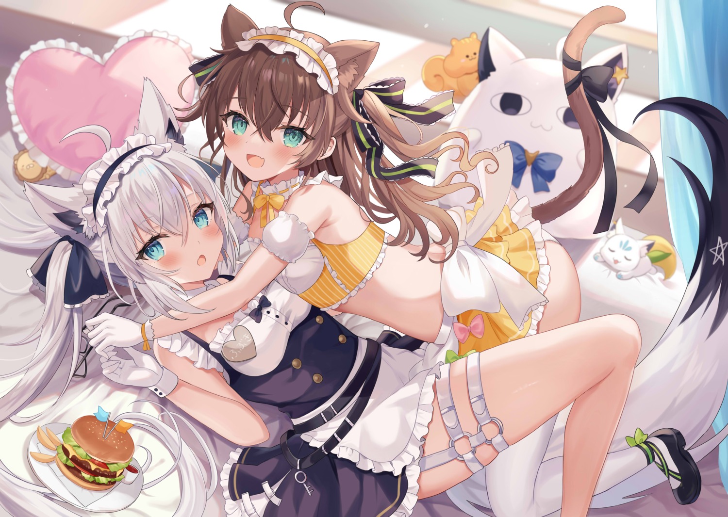 animal_ears garter hololive hololive_gamers jpeg_artifacts kitsune maid natsuiro_matsuri nekomimi pantsu retsuto shirakami_fubuki skirt_lift tail thighhighs yuri