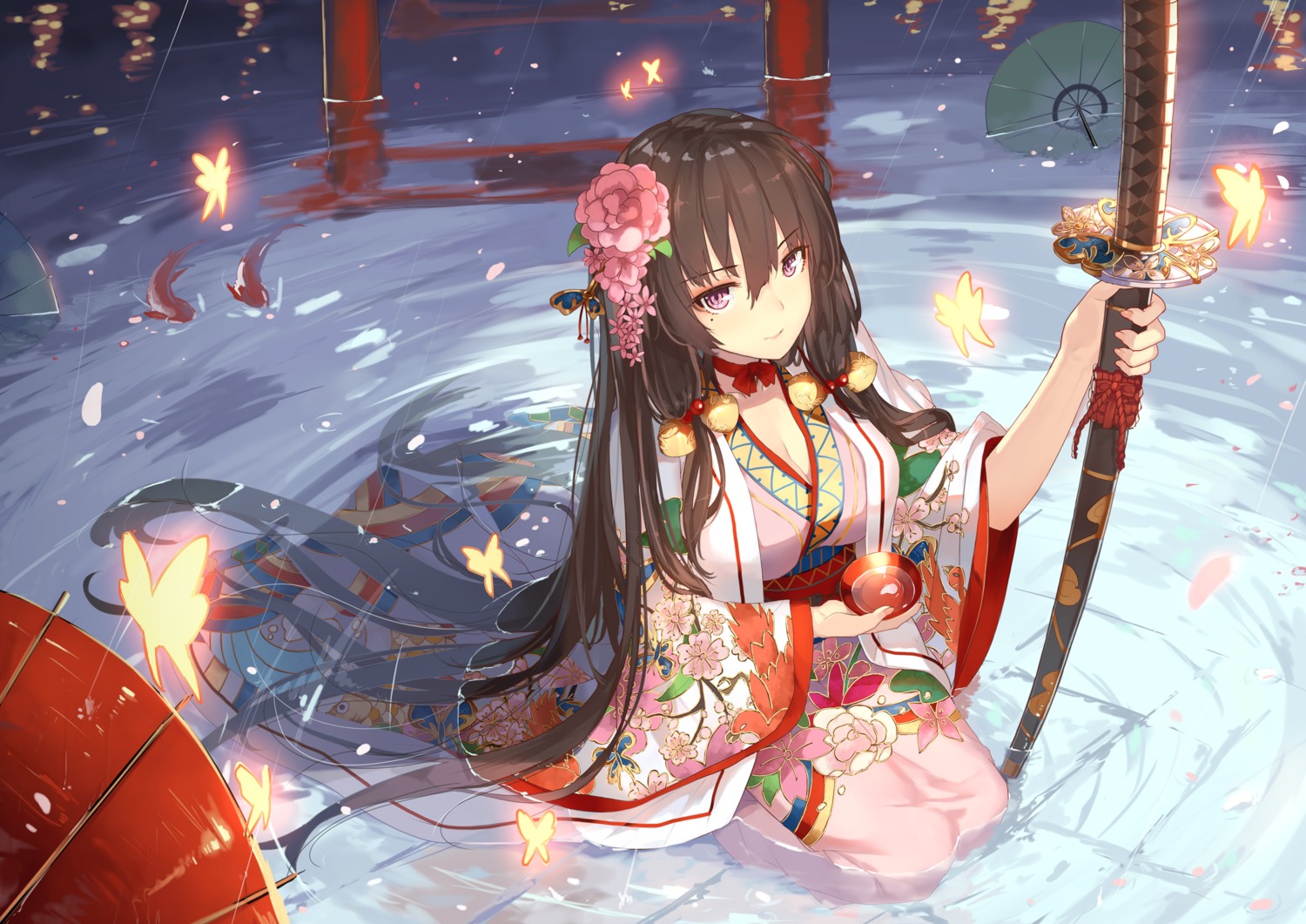 cleavage helix_saga japanese_clothes musyne_xsk sword umbrella wet