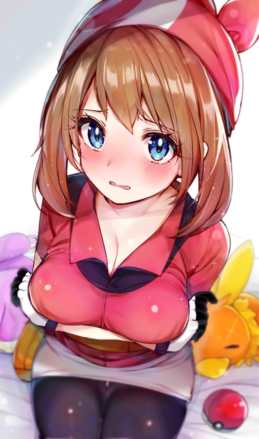 breast_hold cleavage haruka_(pokemon) pantsu pantyhose pokemon pokemon_oras pokemon_rse rouka