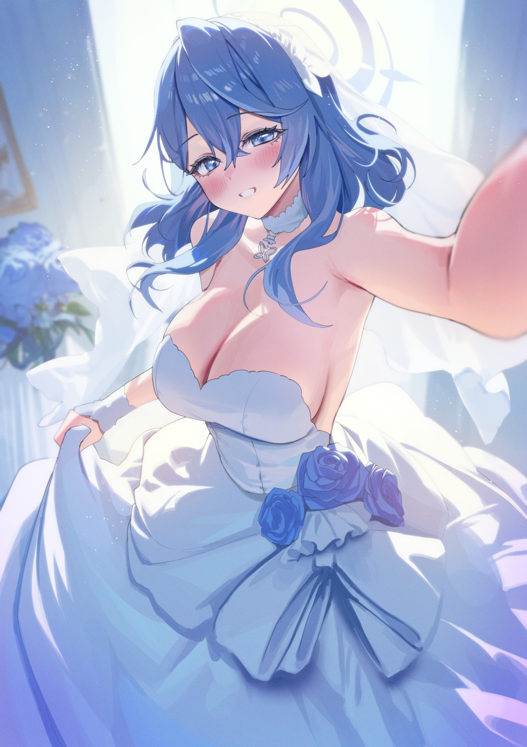 alpha_(ypalpha79) amau_ako blue_archive dress halo no_bra selfie wedding_dress