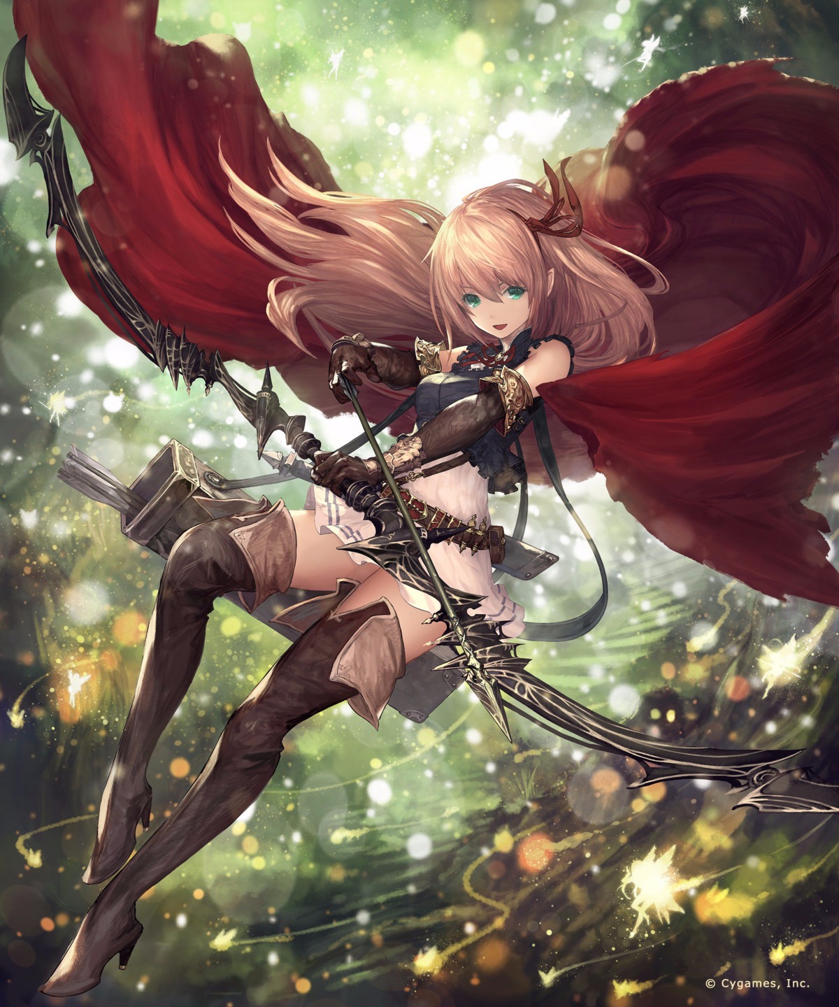 arisa_(shadowverse) dress heels jpeg_artifacts pointy_ears shadowverse tachikawa_mushimaro thighhighs weapon